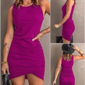 Sleeveless Tank Dress Crew Neck Slim Fit Short Casual Ruched Bodycon XL NWT